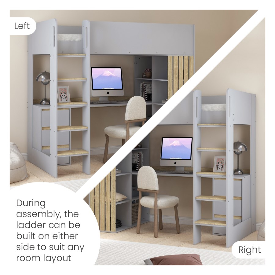 High Sleeper Loft Bed with Desk and Storage in Grey and Oak - Nelly