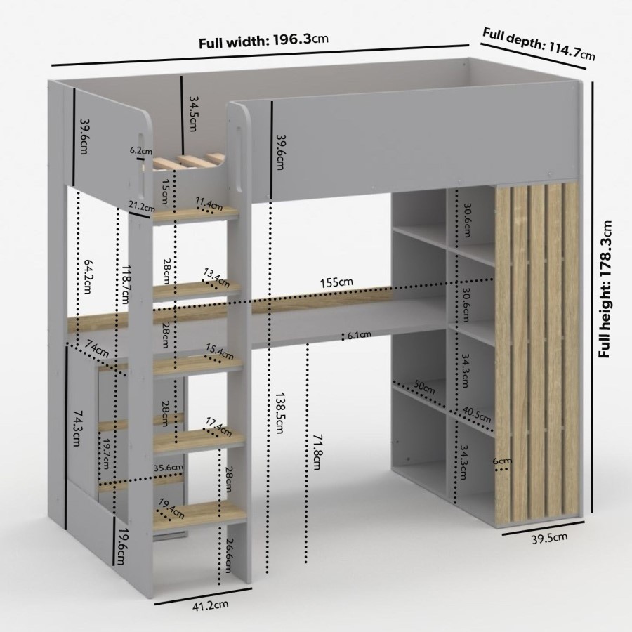 High Sleeper Loft Bed with Desk and Storage in Grey and Oak - Nelly