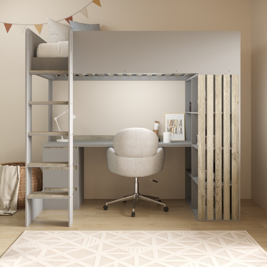 High Sleeper Loft Bed with Desk and Storage in Grey and Oak - Nelly