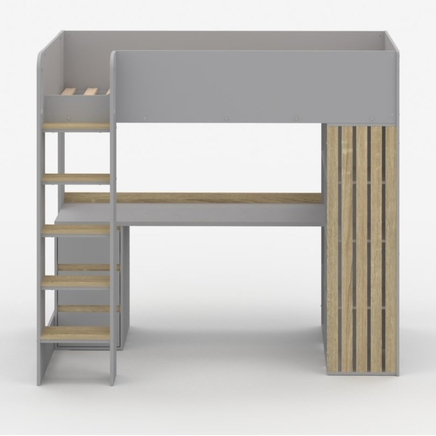 High Sleeper Loft Bed with Desk and Storage in Grey and Oak - Nelly