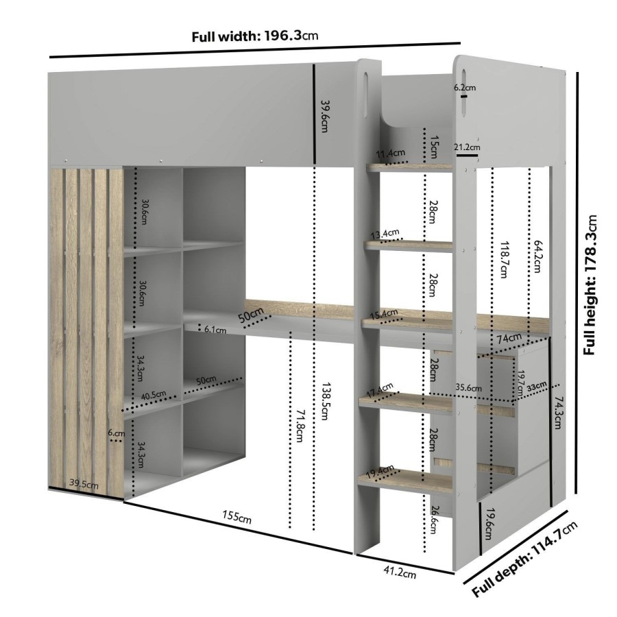 High Sleeper Loft Bed with Desk and Storage in Grey and Oak - Nelly
