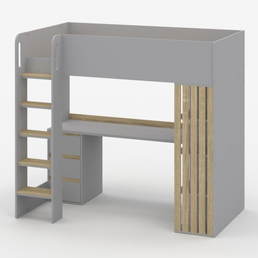 High Sleeper Loft Bed with Desk and Storage in Grey and Oak - Nelly