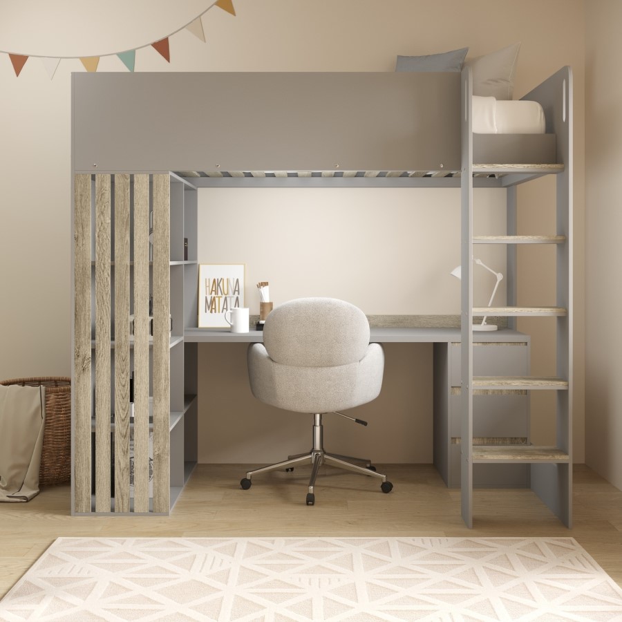 High Sleeper Loft Bed with Desk and Storage in Grey and Oak - Nelly