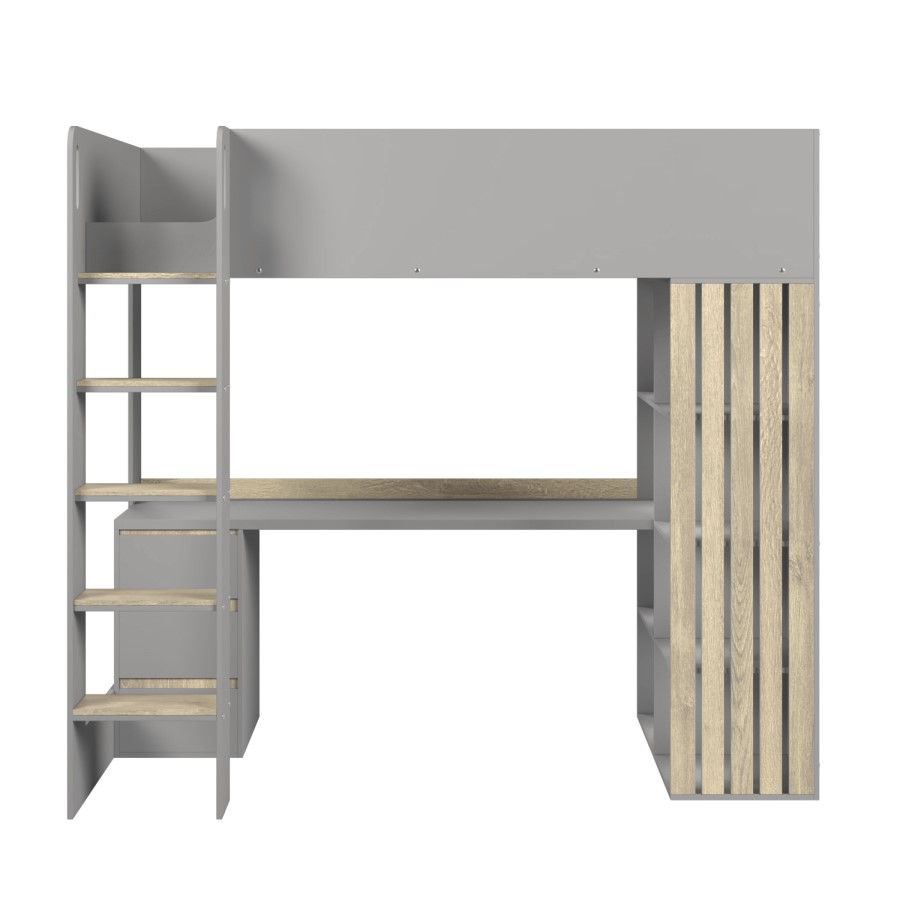 High Sleeper Loft Bed with Desk and Storage in Grey and Oak - Nelly
