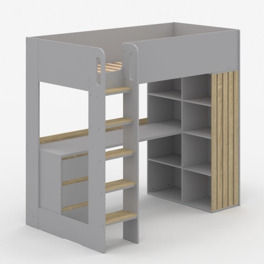 High Sleeper Loft Bed with Desk and Storage in Grey and Oak - Nelly