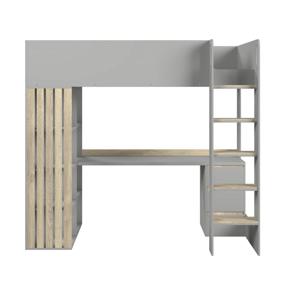 High Sleeper Loft Bed with Desk and Storage in Grey and Oak - Nelly