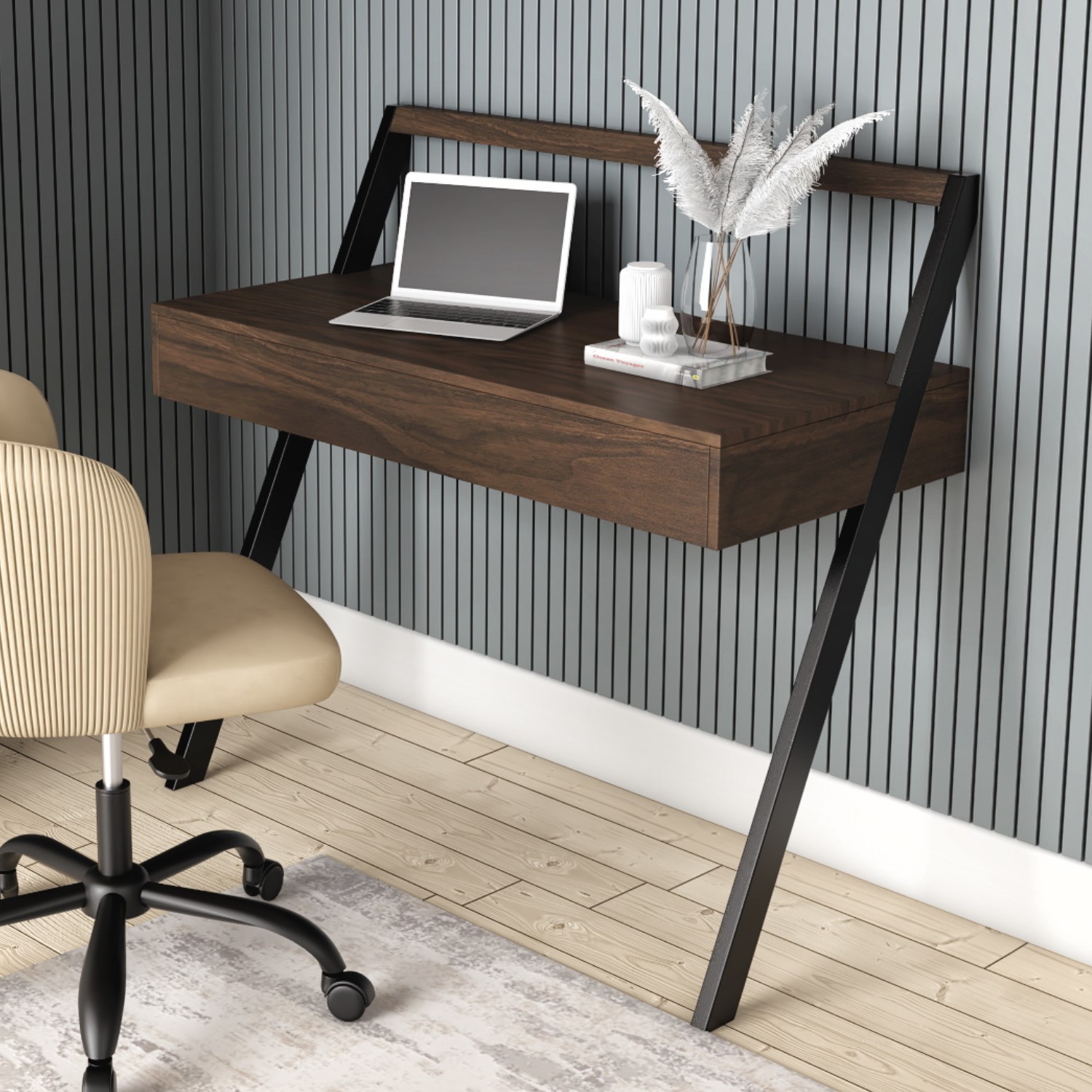 Photo of Brown walnut wall mounted desk with drawer - nico