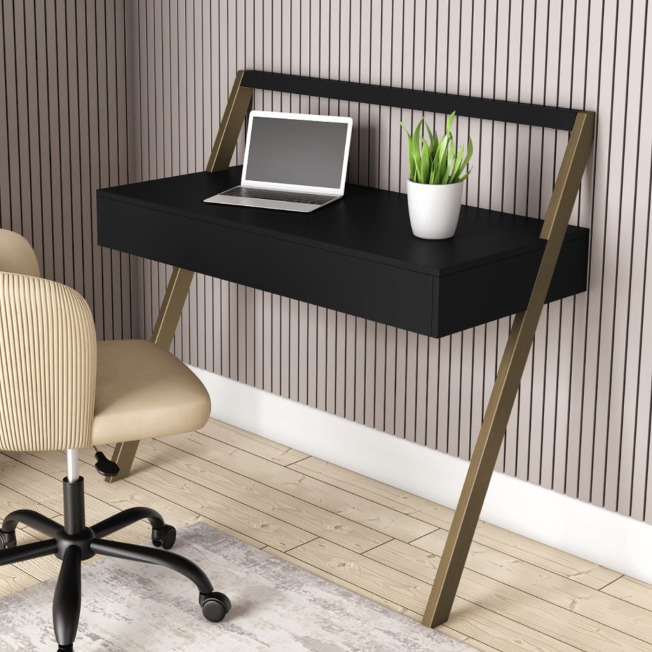 GRADE A2 Black Wooden Ladder Desk with Storage Drawer Nico