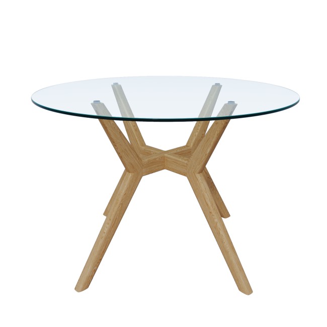 Large Round Glass Top Dining Table with Oak Legs - Seats 4 - Nori