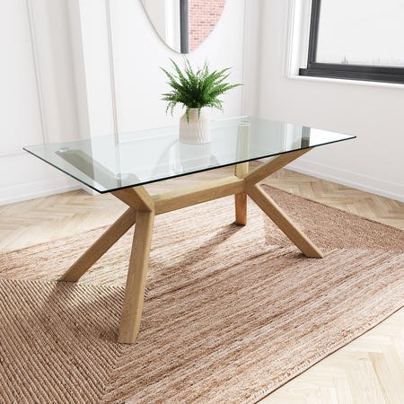 Large Rectangle Glass Top Dining Table with Solid Oak Legs Nori