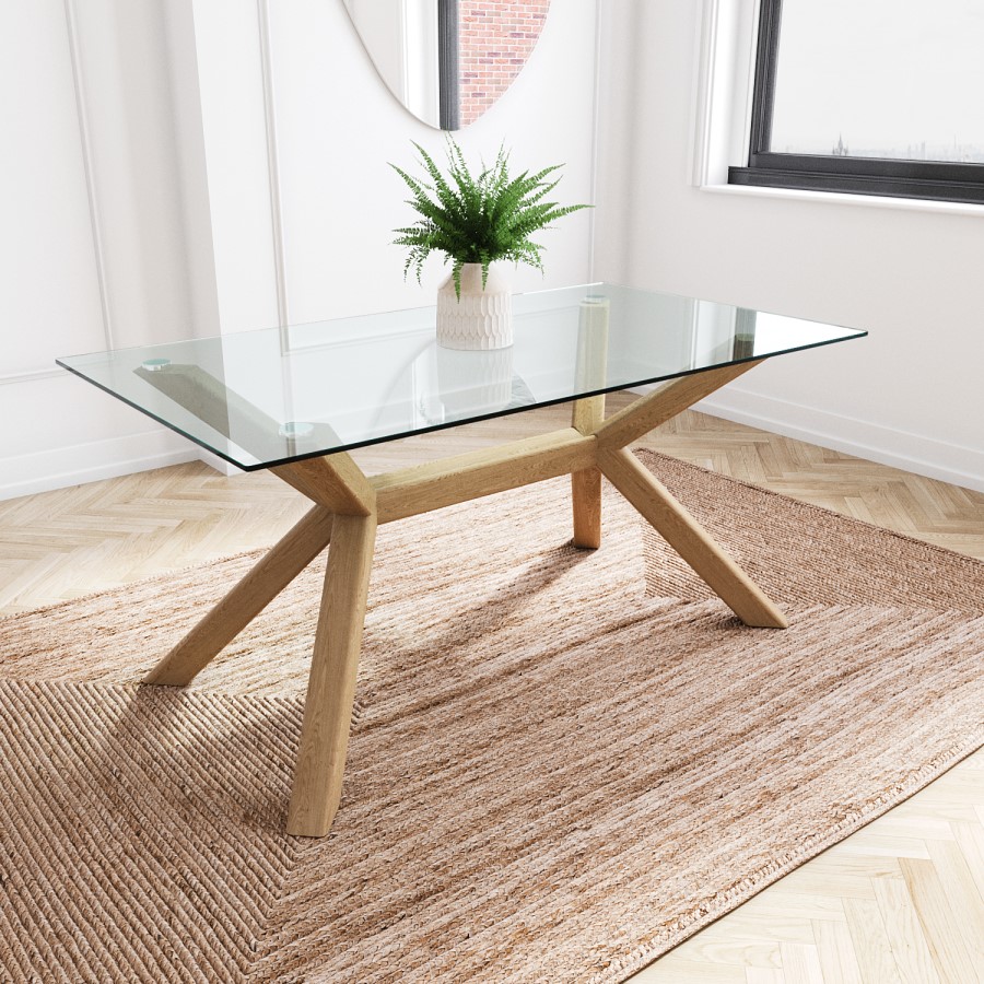 ONLY OPENED - Large Rectangle Glass Top Dining Table with Solid Oak Legs - Nori