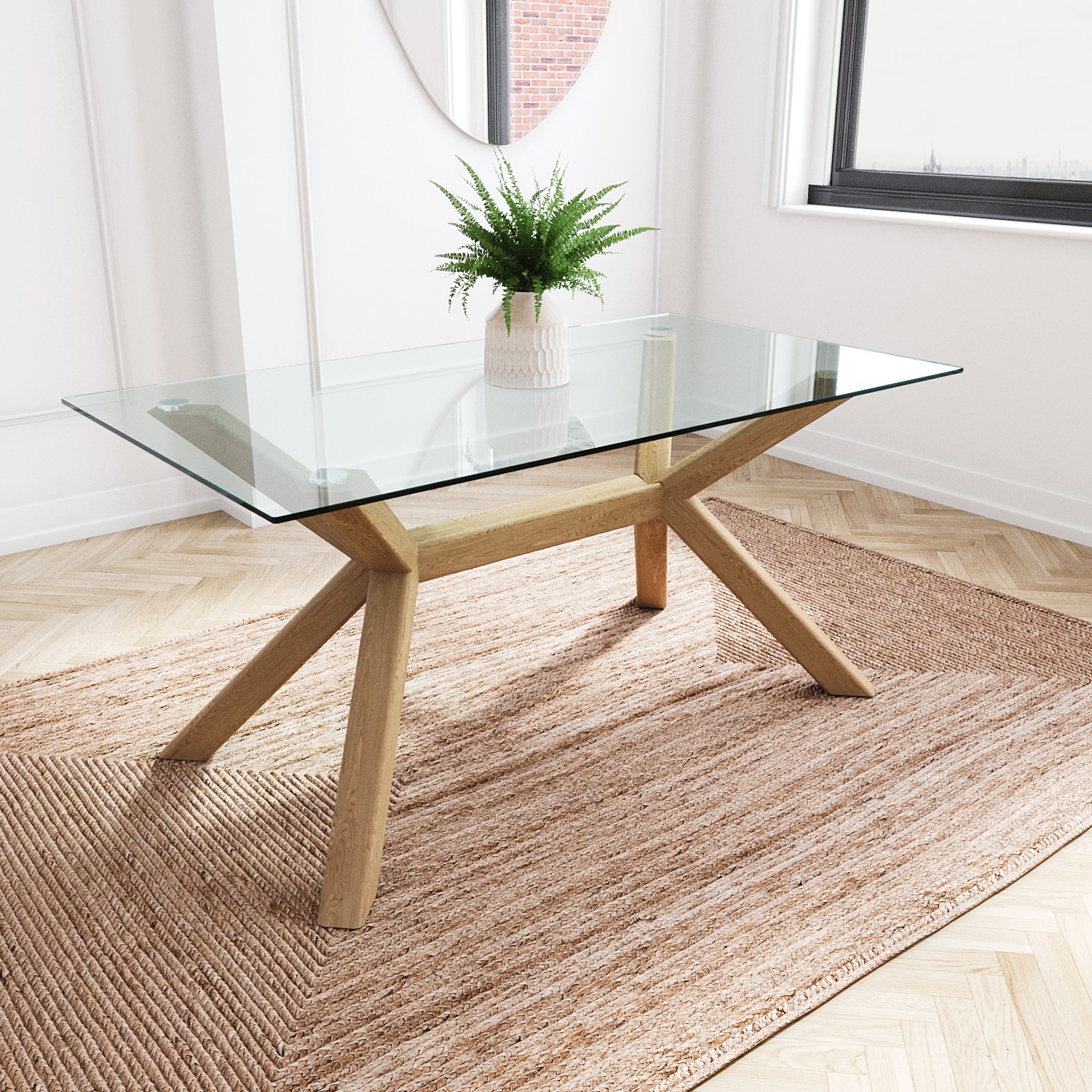 Photo of Large rectangle glass top dining table with solid oak legs - nori