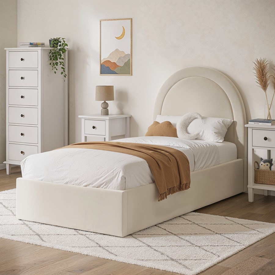 GRADE A1 - Beige Velvet Single Side-Lift Ottoman Bed with Curved Headboard - Nora