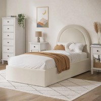 GRADE A1 - Beige Velvet Single Side-Lift Ottoman Bed with Curved Headboard - Nora GRADE A1 - Beige Velvet Single Side-Lift Ottoman Bed with Curved Headboard - Nora