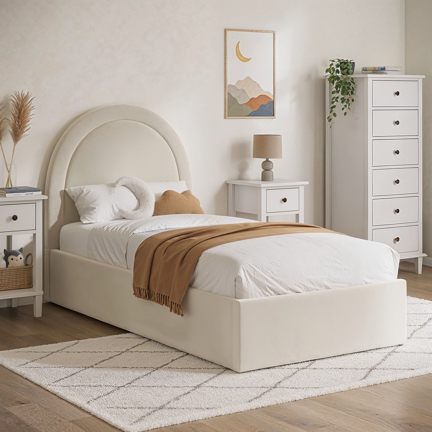 Velvet Single Side Lift Ottoman Bed Curved Headboard
