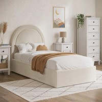 Beige Velvet Single Side-Lift Ottoman Bed with Curved Headboard - Nora