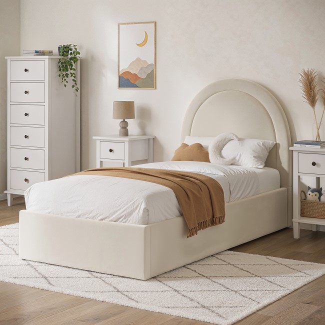 Beige Velvet Single Side-Lift Ottoman Bed with Curved Headboard - Nora