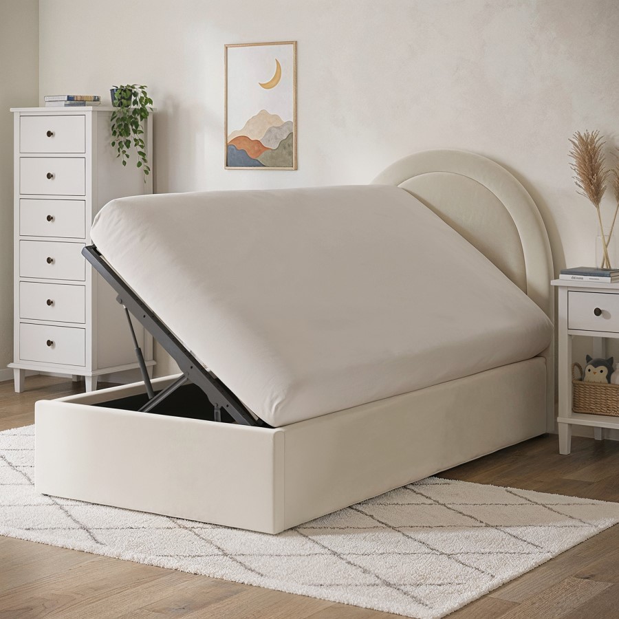 GRADE A1 - Beige Velvet Single Side-Lift Ottoman Bed with Curved Headboard - Nora