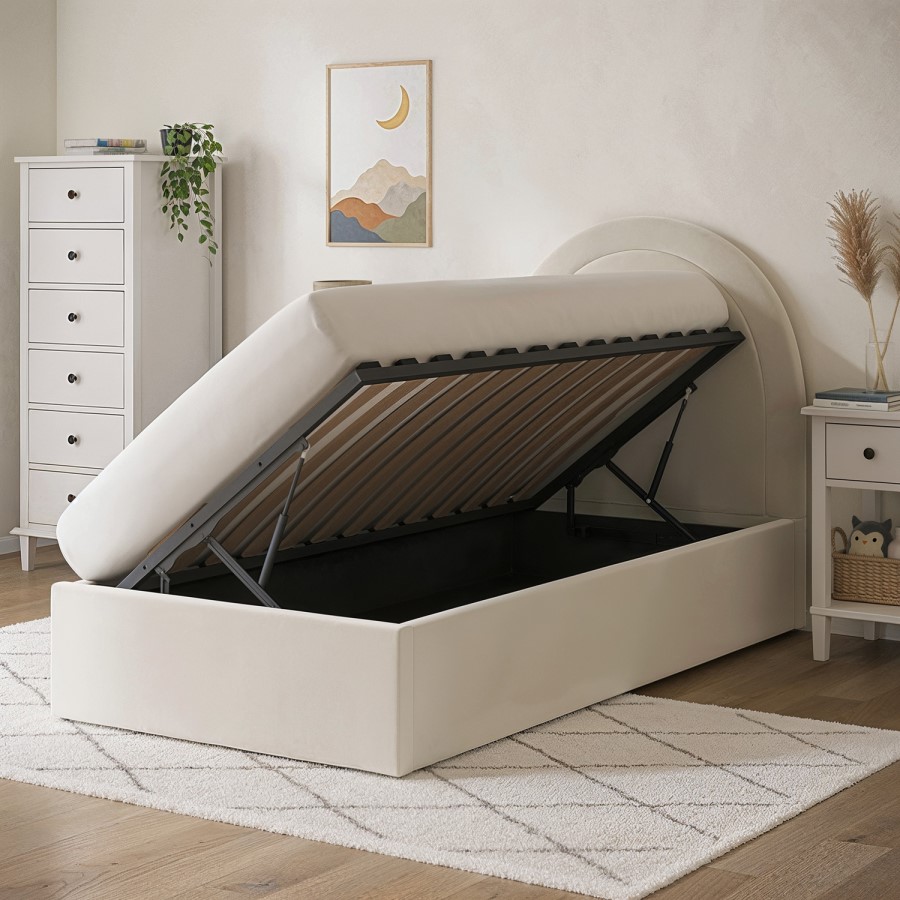 GRADE A1 - Beige Velvet Single Side-Lift Ottoman Bed with Curved Headboard - Nora