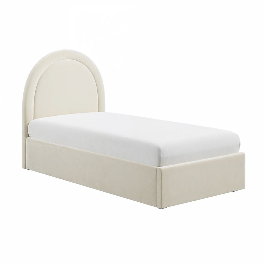 GRADE A1 - Beige Velvet Single Side-Lift Ottoman Bed with Curved Headboard - Nora