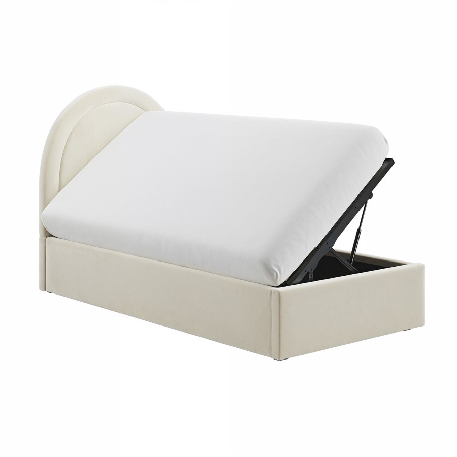GRADE A1 - Beige Velvet Single Side-Lift Ottoman Bed with Curved Headboard - Nora