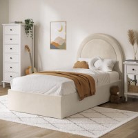 Beige Velvet Single Ottoman Bed with Curved Headboard - Nora