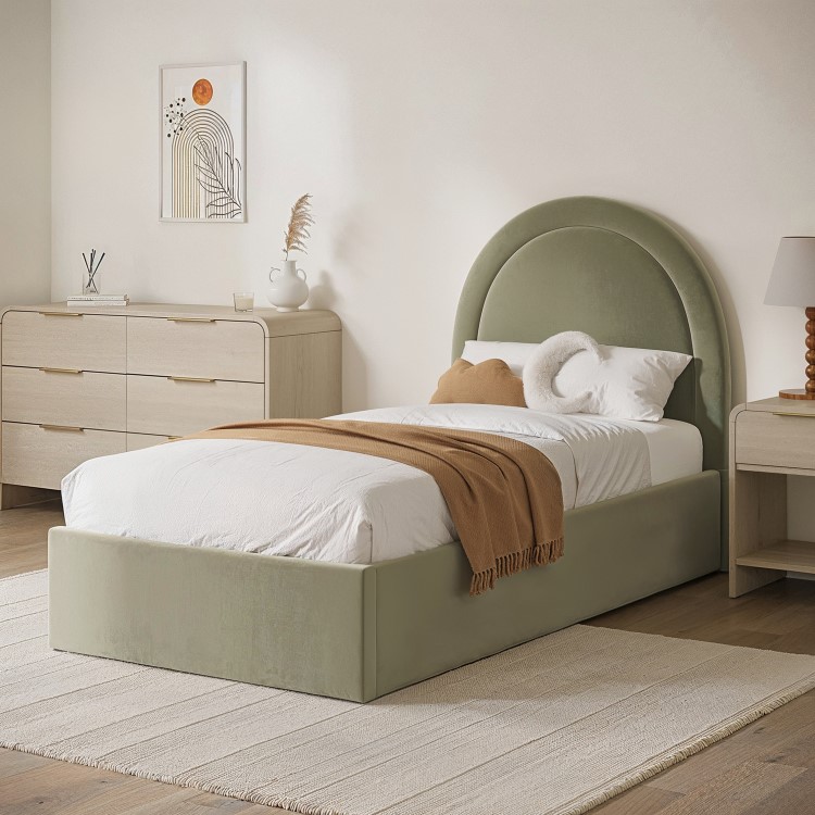 Sage Green Velvet Single Side-Lift Ottoman Bed with Curved Headboard - Nora