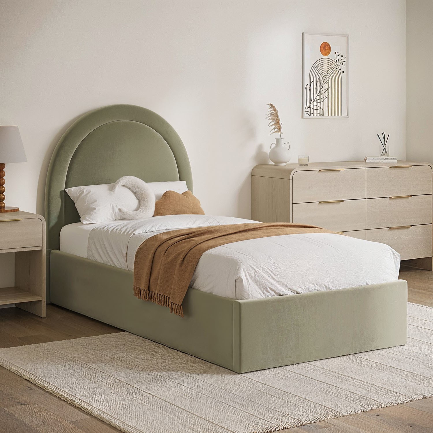 Sage Green Velvet Single Side Lift Ottoman Bed Curved Headboard