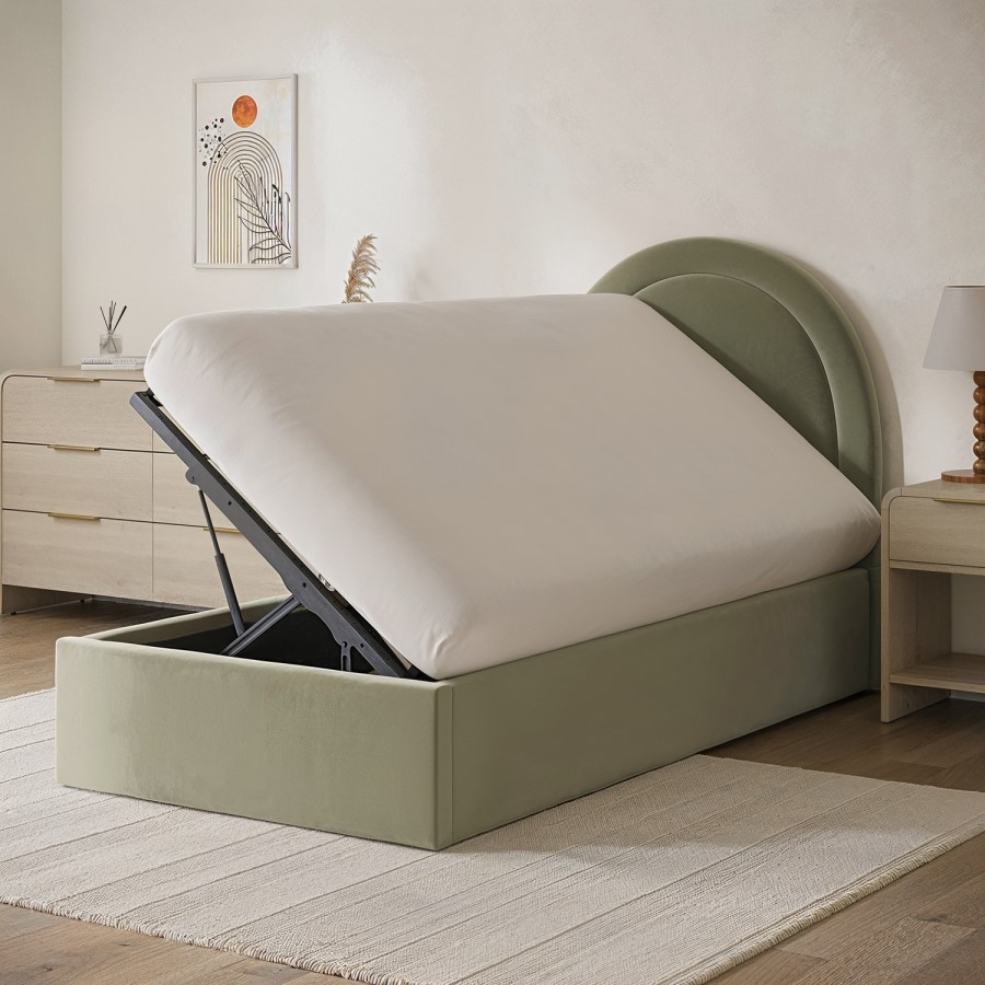 Sage Green Velvet Single Side-Lift Ottoman Bed with Curved Headboard - Nora - Furniture123
