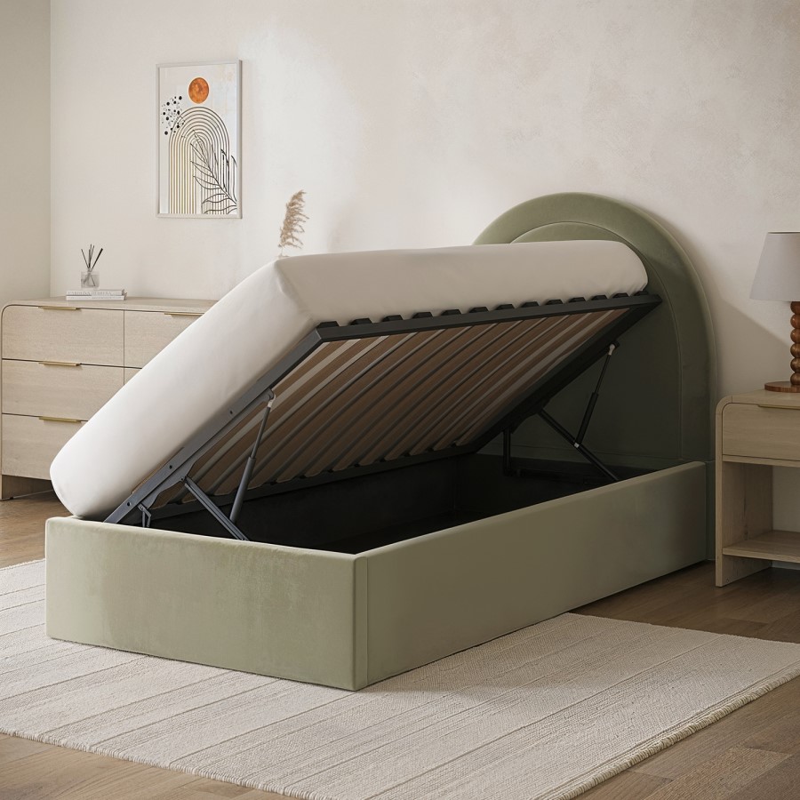 Sage Green Velvet Single Side-Lift Ottoman Bed with Curved Headboard - Nora - Furniture123