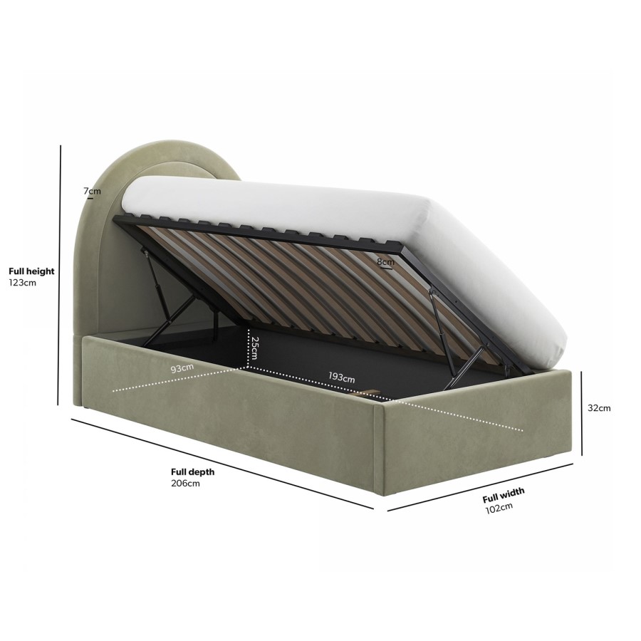 Sage Green Velvet Single Side-Lift Ottoman Bed with Curved Headboard - Nora - Furniture123