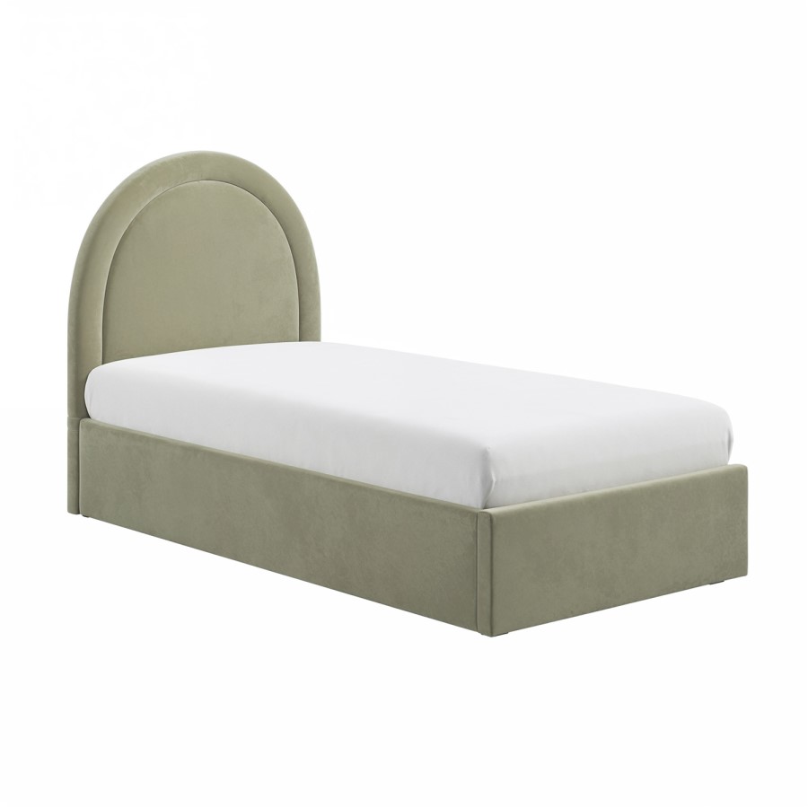 Sage Green Velvet Single Side-Lift Ottoman Bed with Curved Headboard - Nora - Furniture123