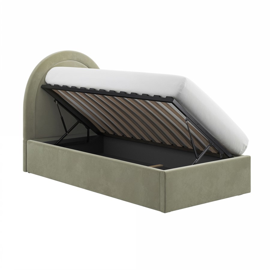 Sage Green Velvet Single Side-Lift Ottoman Bed with Curved Headboard - Nora - Furniture123