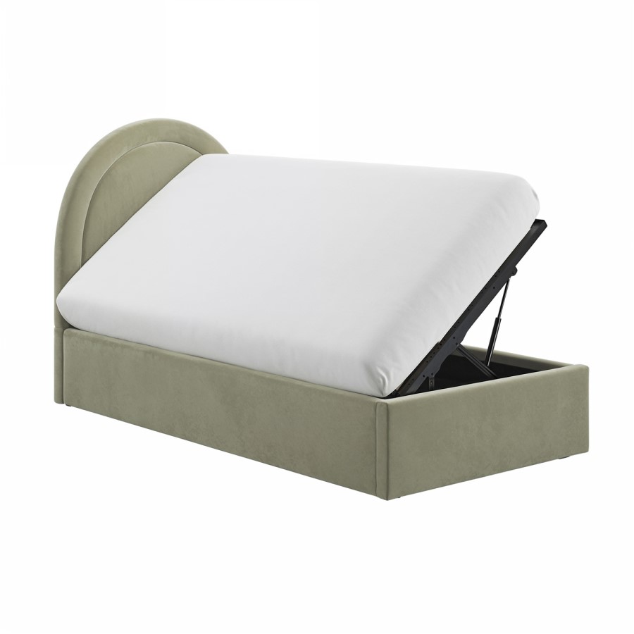 Sage Green Velvet Single Side-Lift Ottoman Bed with Curved Headboard - Nora - Furniture123