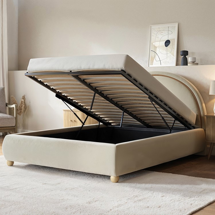 Cream Velvet King Size Ottoman Bed with Curved Headboard - Nora