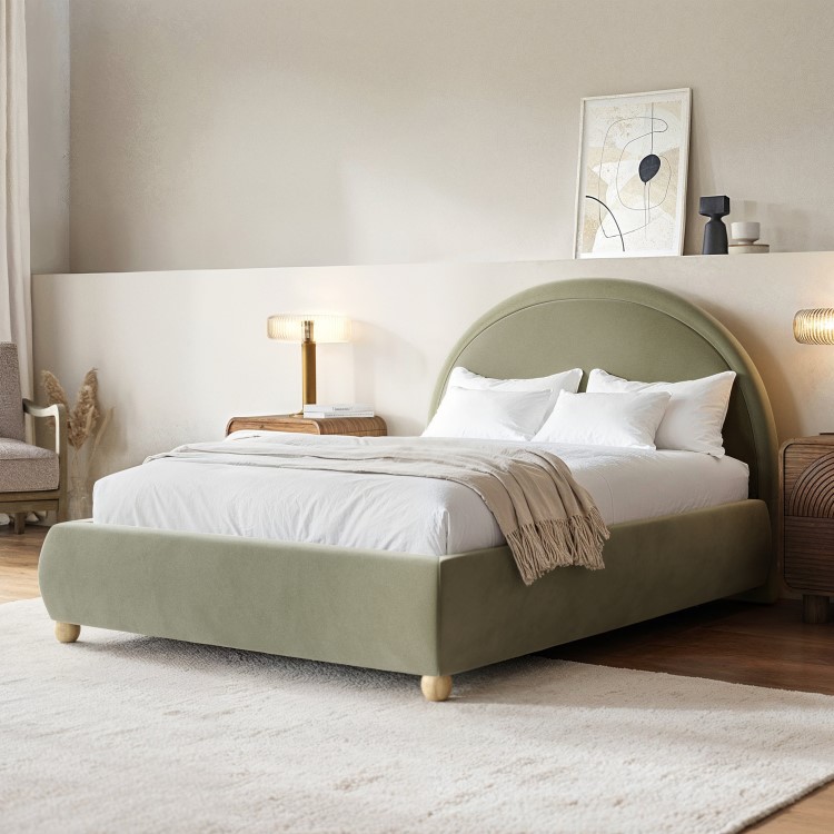 Sage Green Velvet Double Ottoman Bed with Curved Headboard - Nora