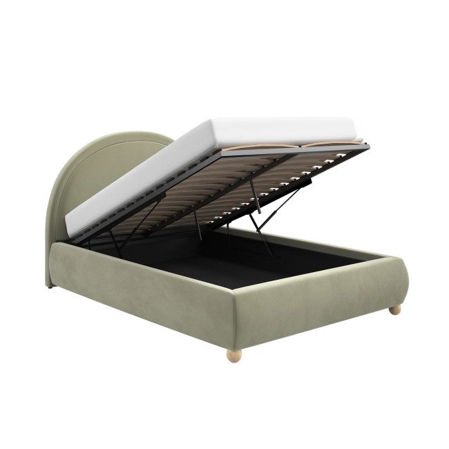 Sage Green Velvet Double Ottoman Bed with Curved Headboard - Nora