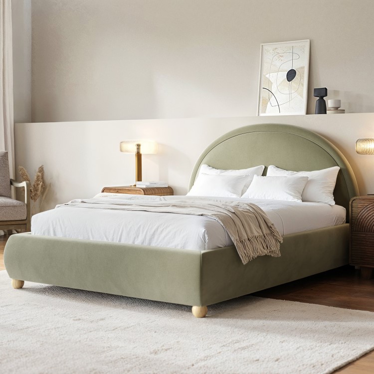 Sage Green Velvet King Size Ottoman Bed with Curved Headboard - Nora