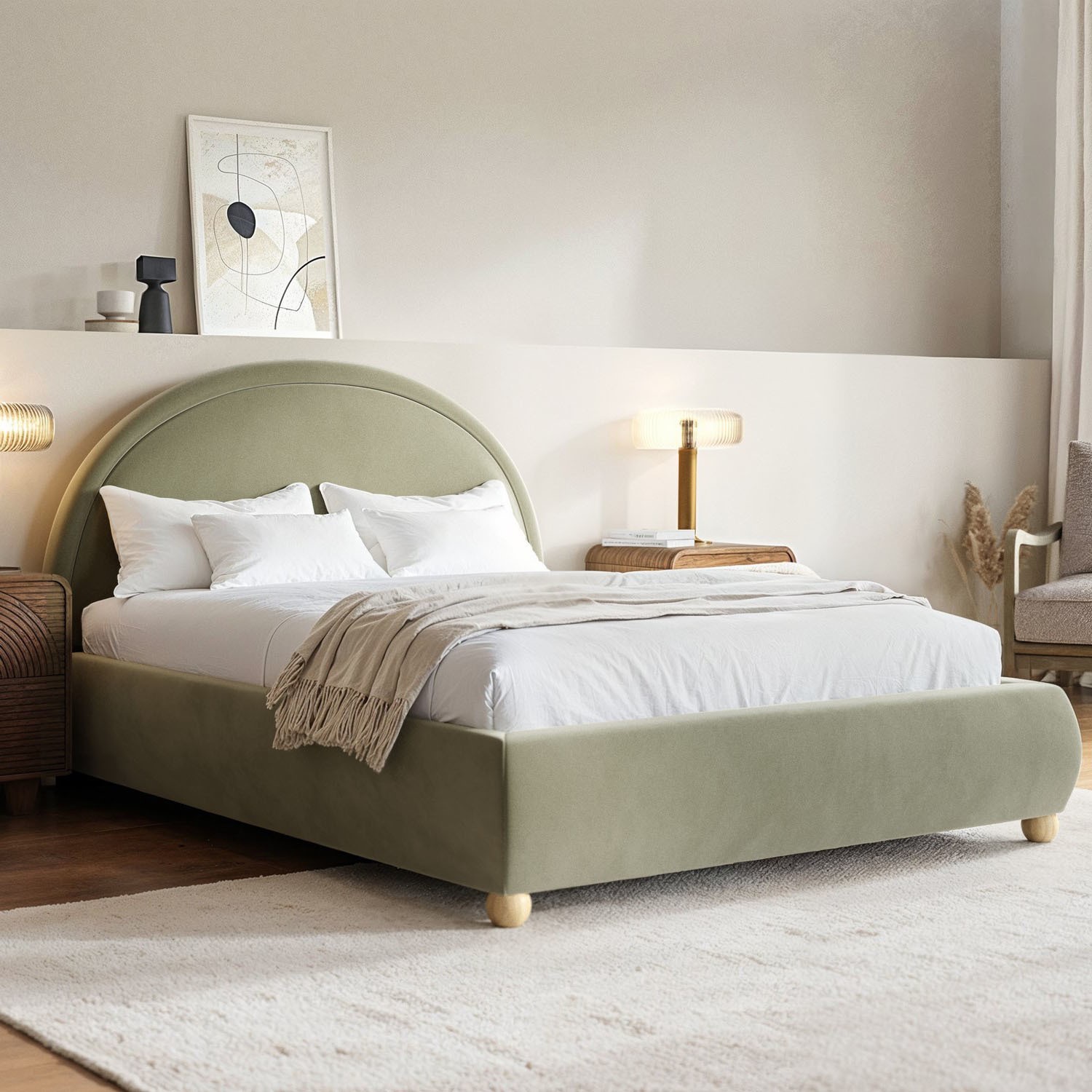 Sage Green Velvet King Ottoman Bed Curved Headboard
