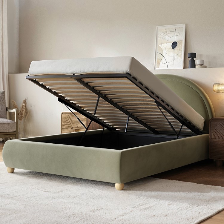 Sage Green Velvet King Size Ottoman Bed with Curved Headboard - Nora