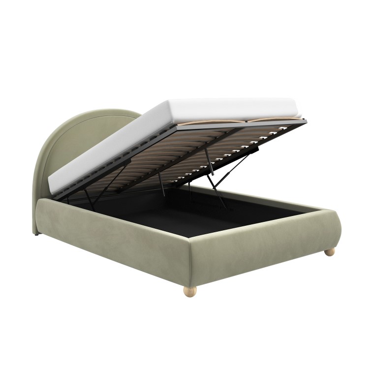 Sage Green Velvet King Size Ottoman Bed with Curved Headboard - Nora