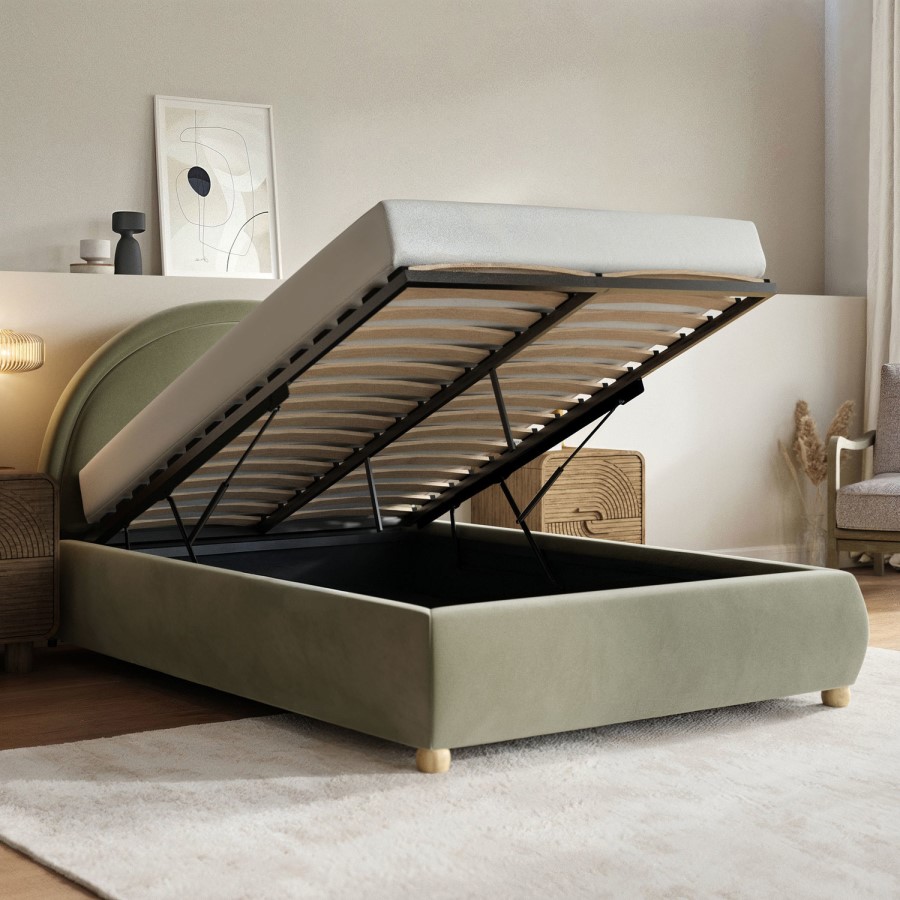 Sage Green Velvet Small Double Ottoman Bed with Curved Headboard - Nora