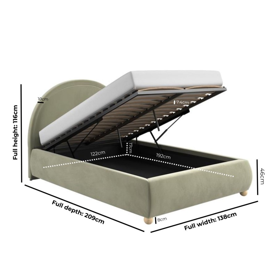 Sage Green Velvet Small Double Ottoman Bed with Curved Headboard - Nora