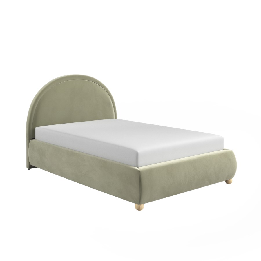 Sage Green Velvet Small Double Ottoman Bed with Curved Headboard - Nora