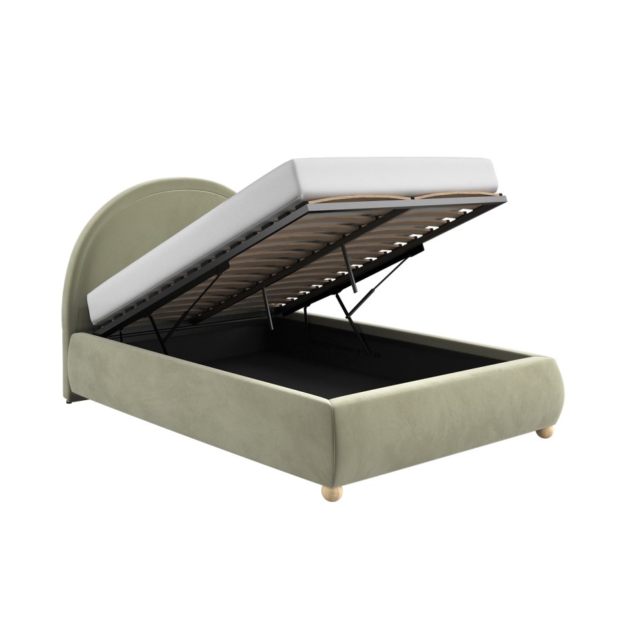 Sage Green Velvet Small Double Ottoman Bed with Curved Headboard - Nora