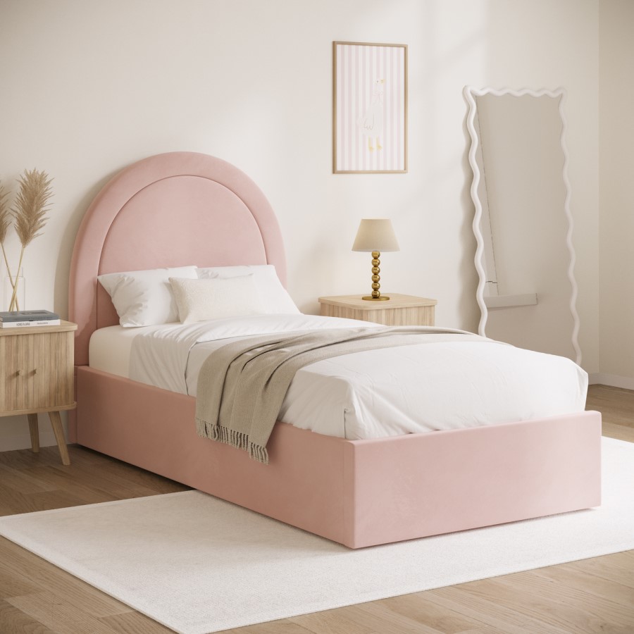 Pink Velvet Single Side-Lift Ottoman Bed with Curved Headboard - Nora