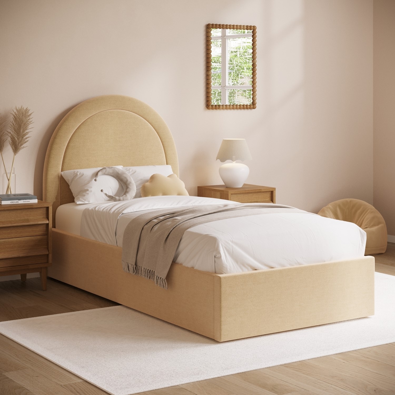 Butter Chenille Single Side Lift Ottoman Bed Curved Headboard