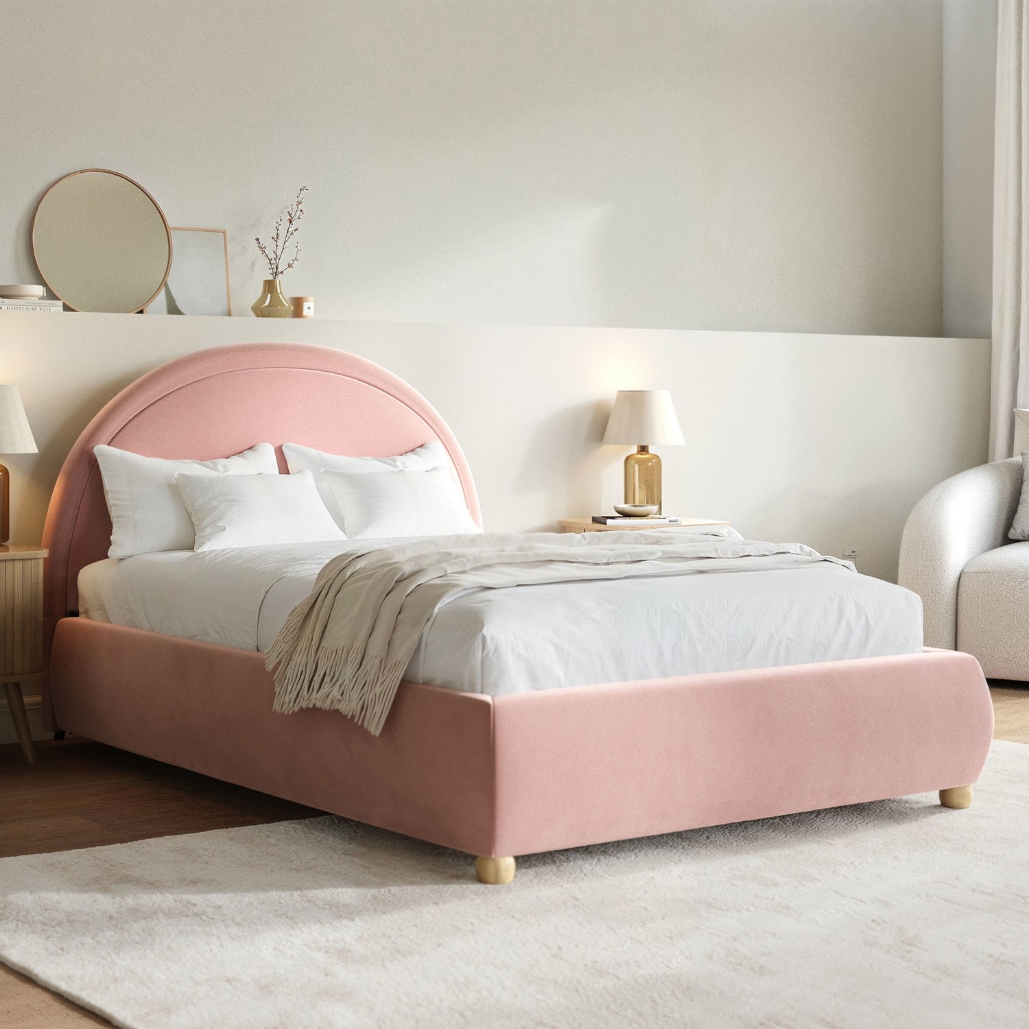 Nora Pink Velvet Small Double Ottoman Bed With Curved Headboard