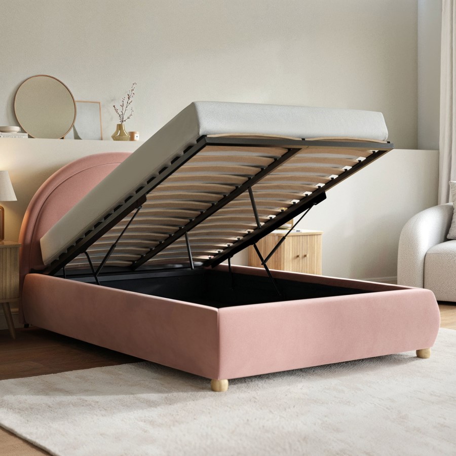 Pink Velvet Small Double Ottoman Bed with Curved Headboard - Nora