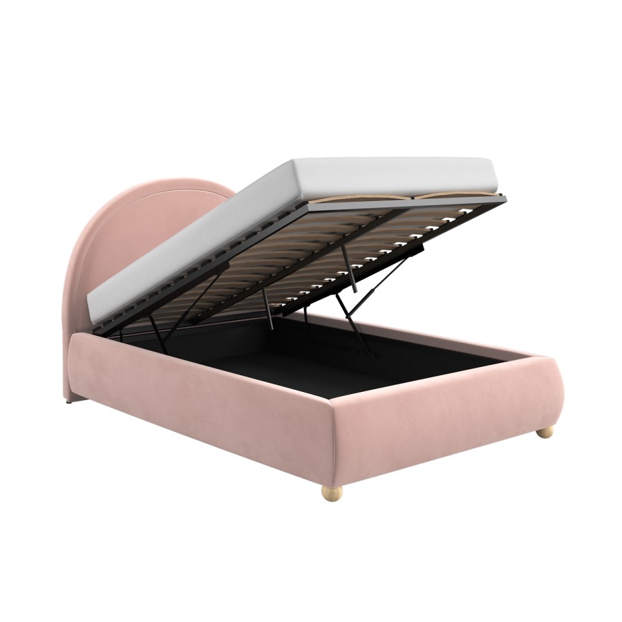 Pink Velvet Small Double Ottoman Bed with Curved Headboard - Nora